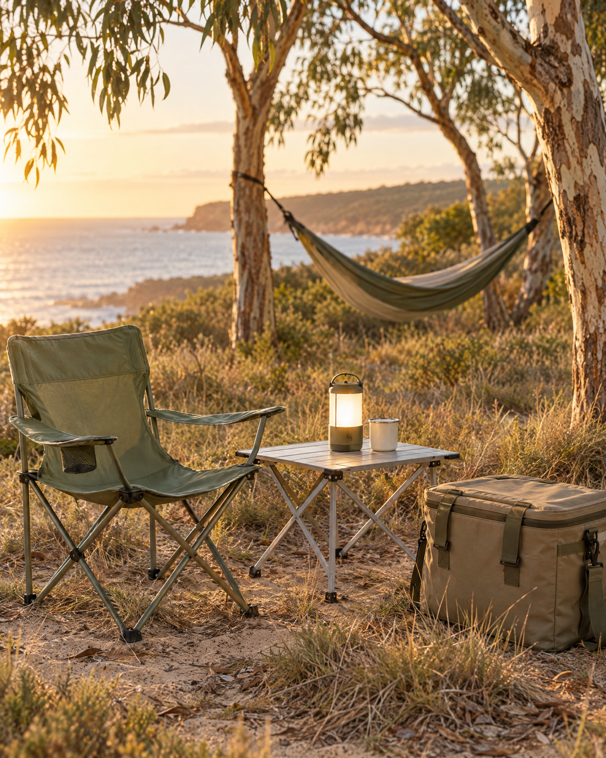 Outdoor and camping gear at a coastal campsite