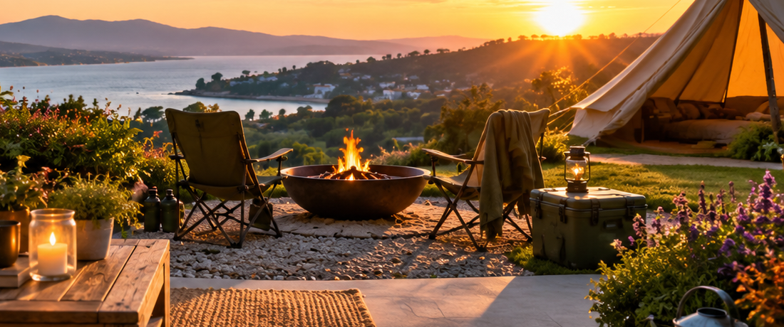 Fire pit and bell tent at sunset