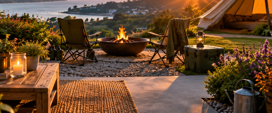 Camp chairs, lantern and lavender garden