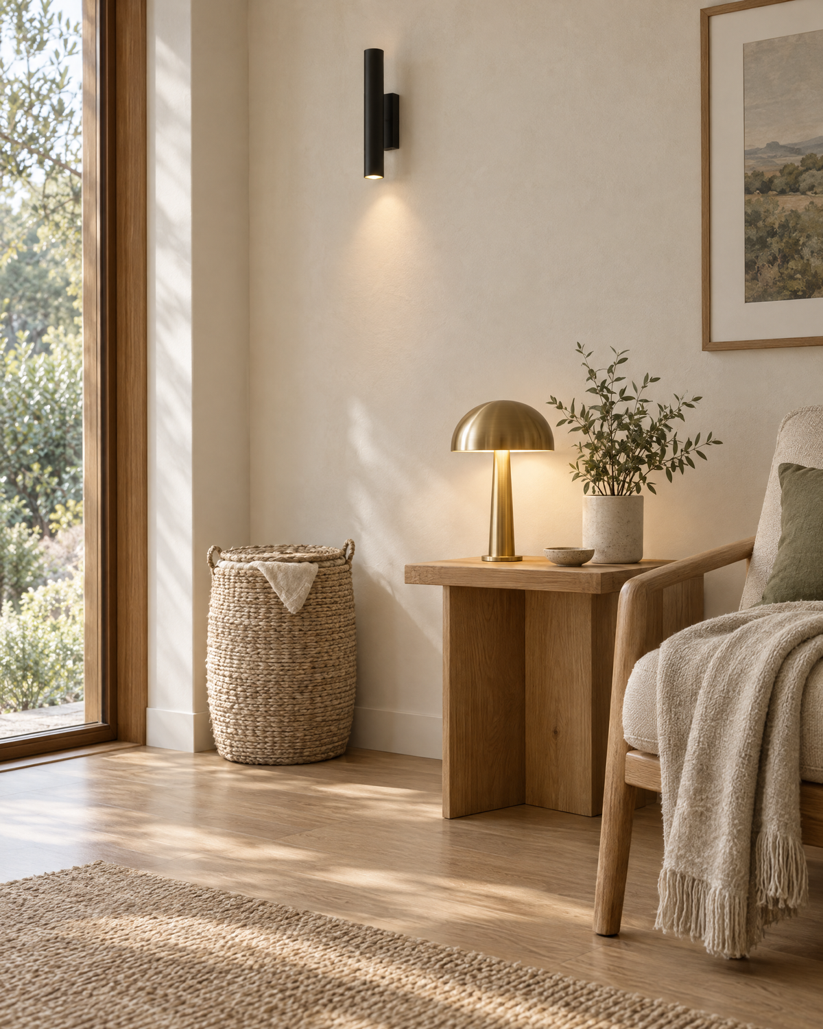 Home lighting and storage in a bright minimal room