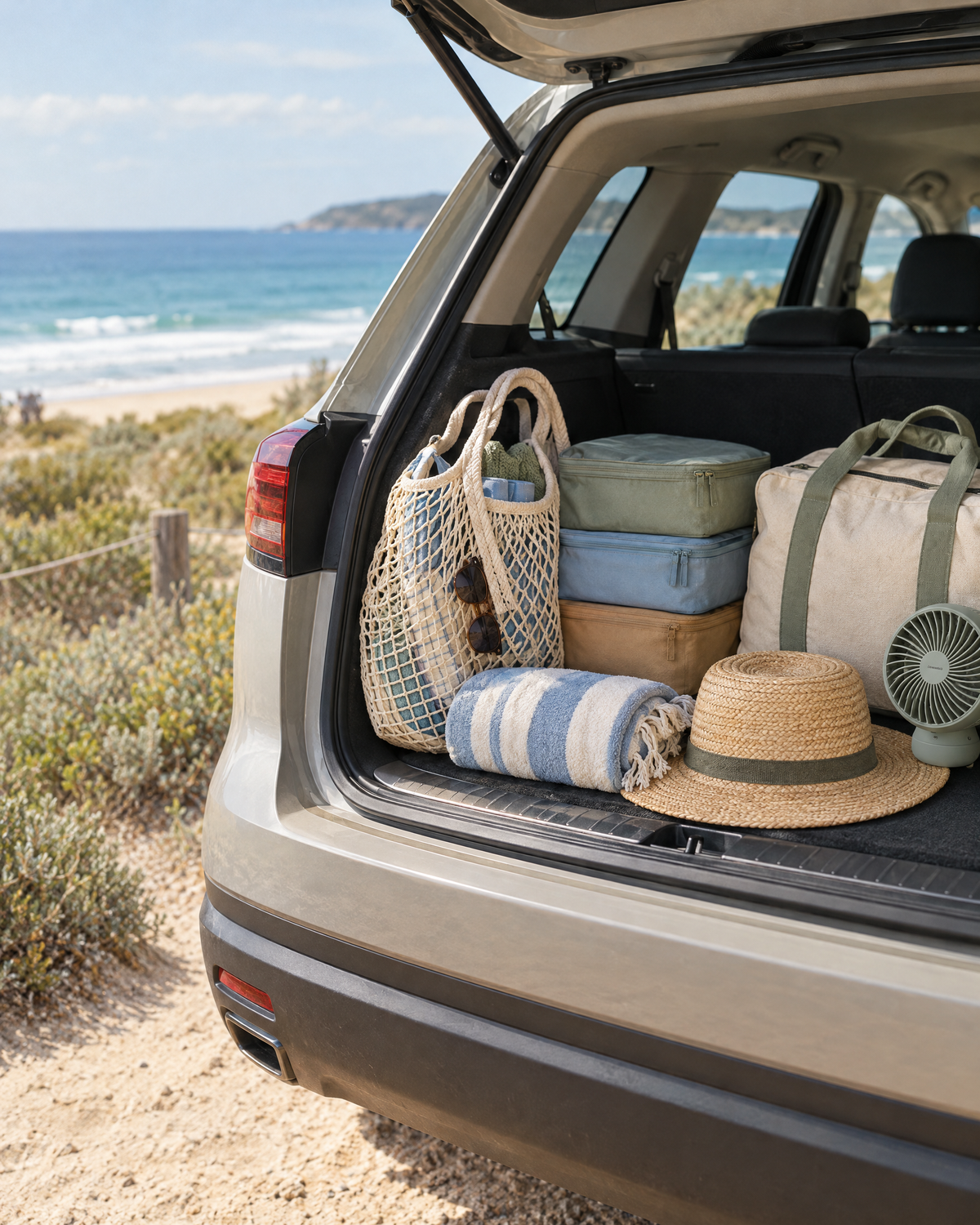 Beach weekend essentials packed in a car boot