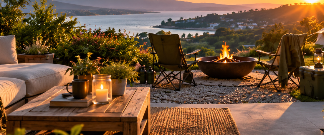 Coffee table, camp chairs and fire pit at sunset
