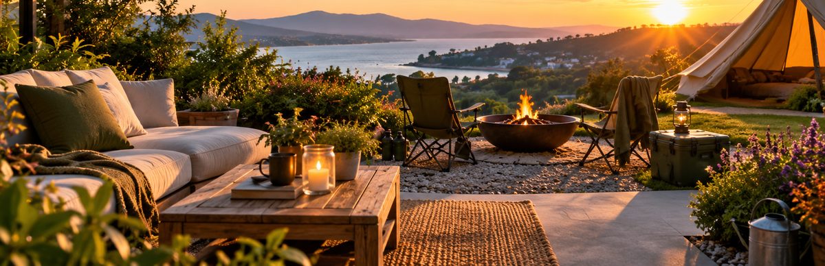 Outdoor lounge, fire pit and bell tent at sunset