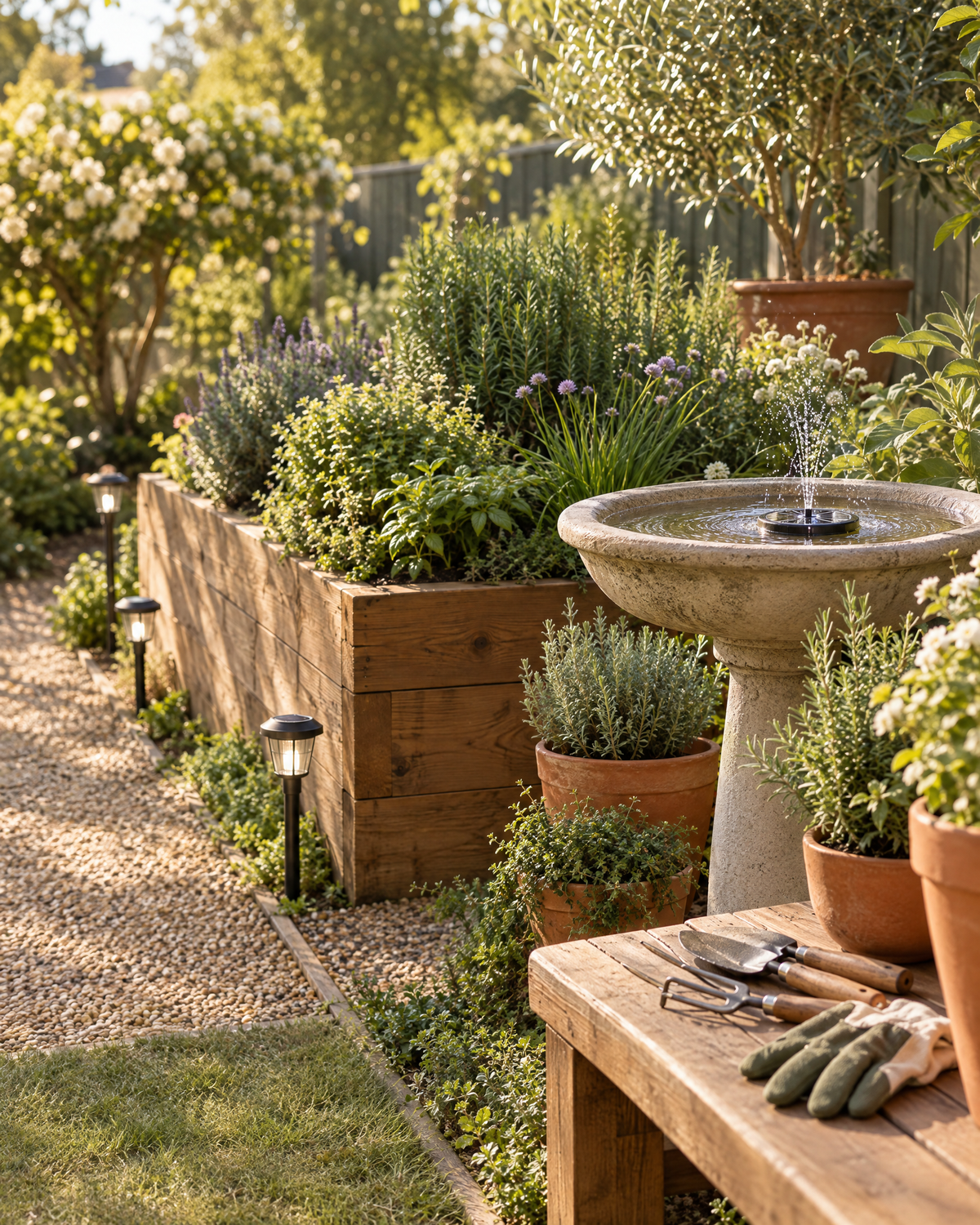 Garden pots, tools and solar fountain in an Australian backyard