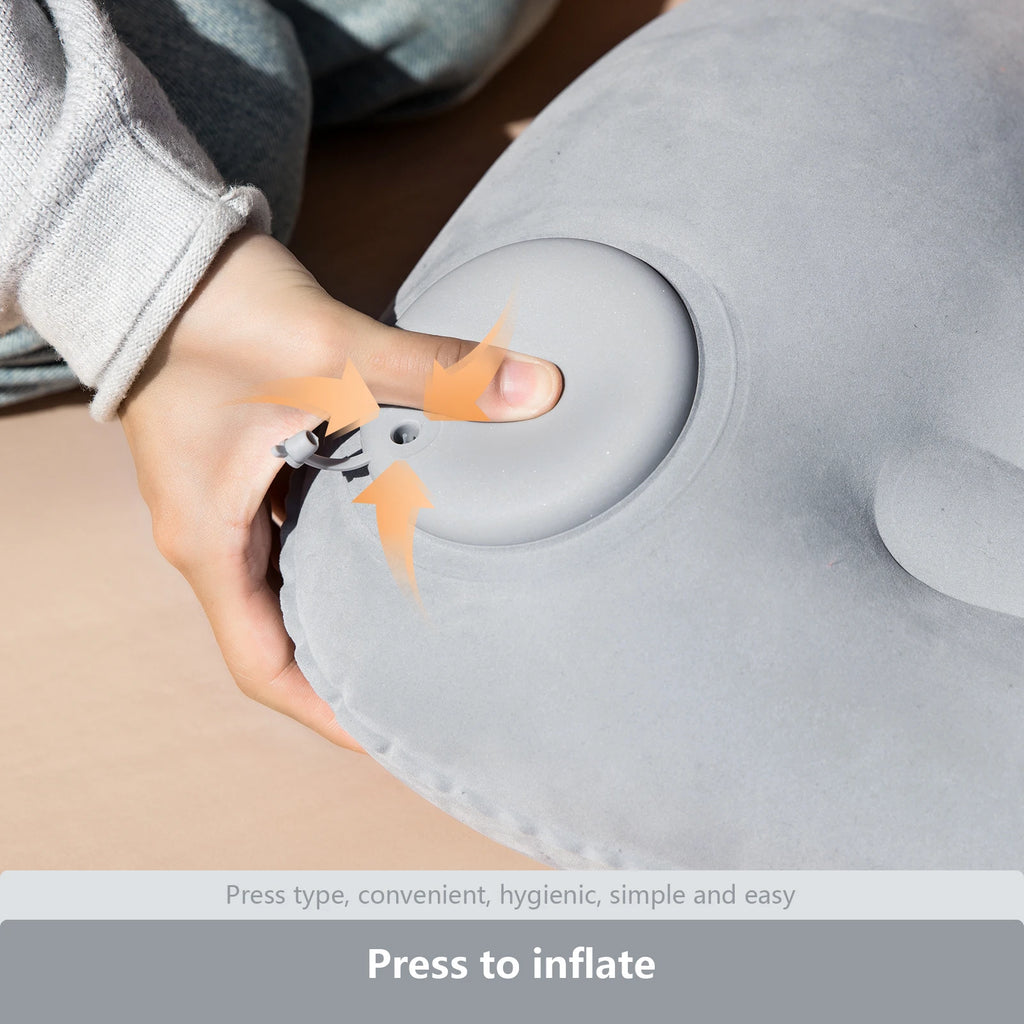 Inflatable camping pillow with built-in pump – close-up
