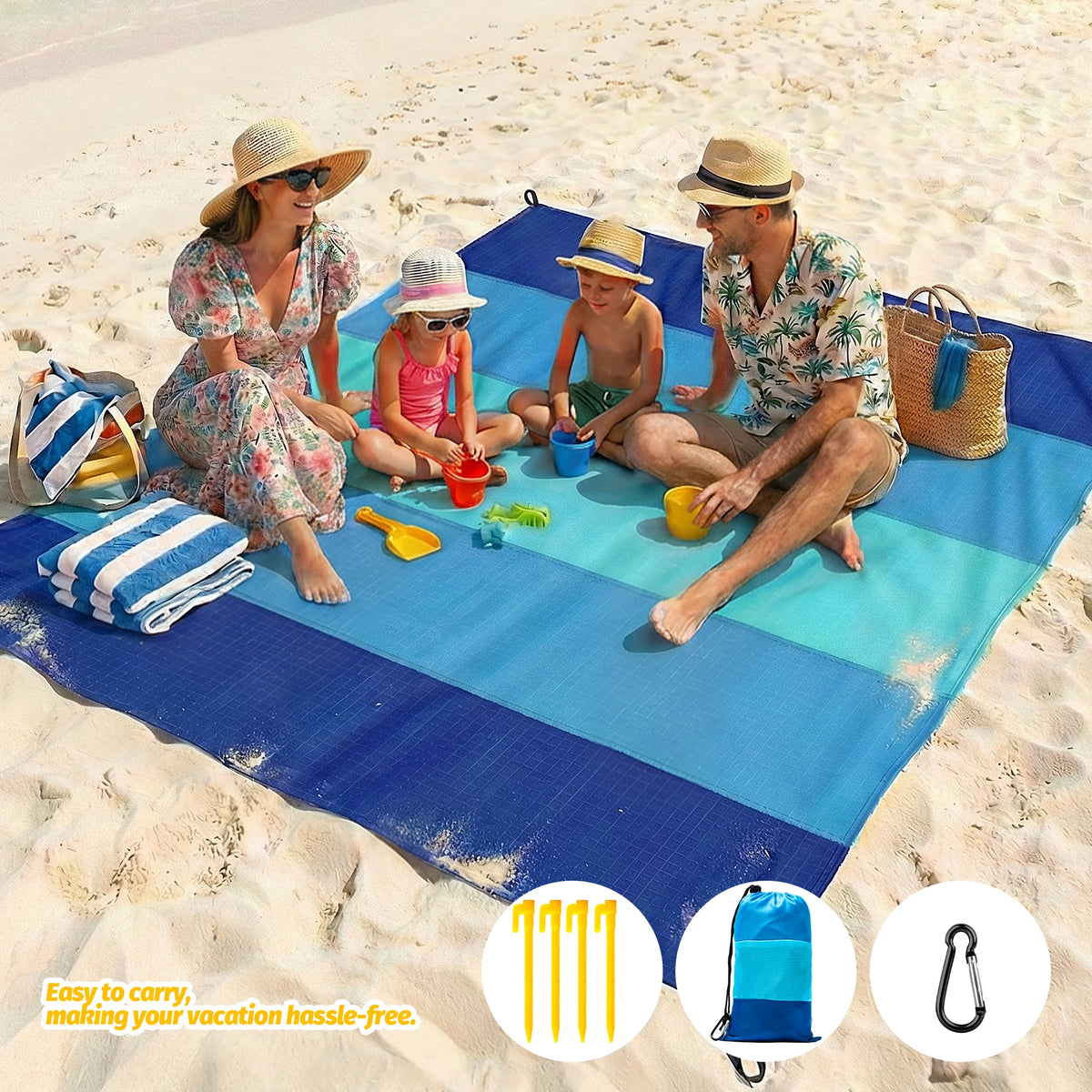 Sandproof beach blanket with stakes