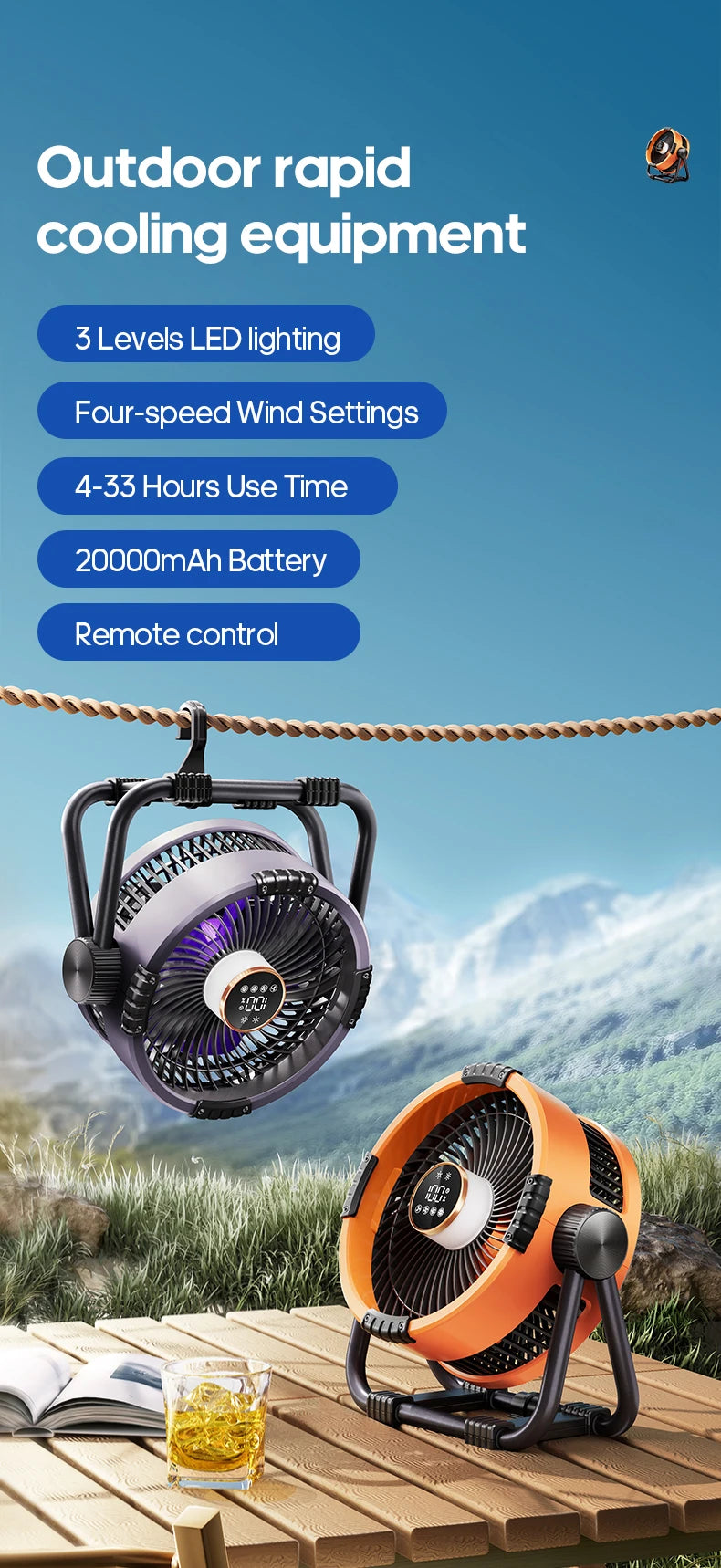 Rechargeable Camping Fan with LED Light
