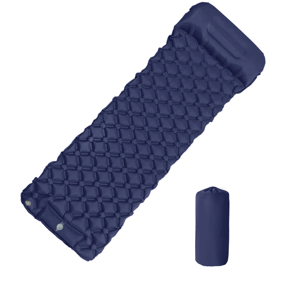 Inflatable camping sleeping pad with pillow