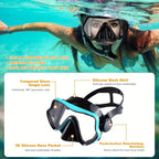 Panoramic snorkel mask set with dry snorkel – features