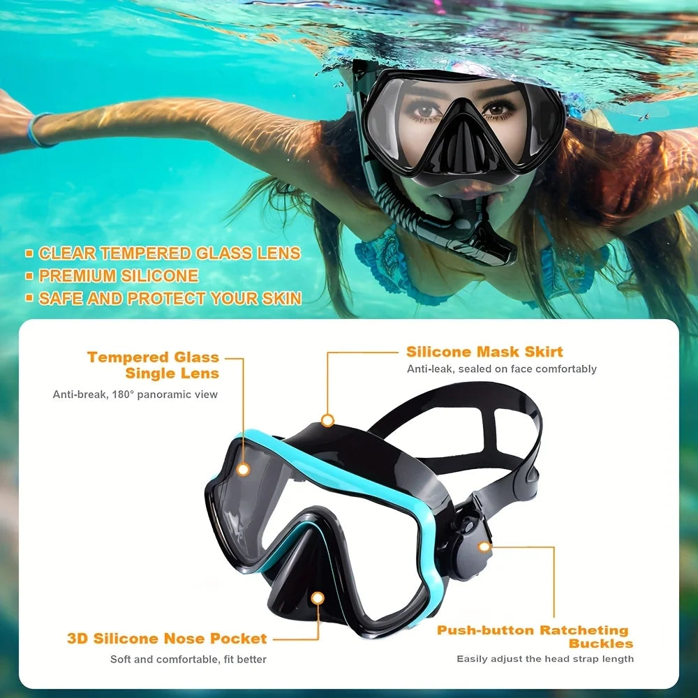 Panoramic snorkel mask set with dry snorkel – features