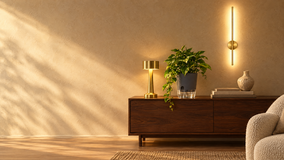 Gold cordless table lamp, gold wall light and self-watering pot on a walnut sideboard