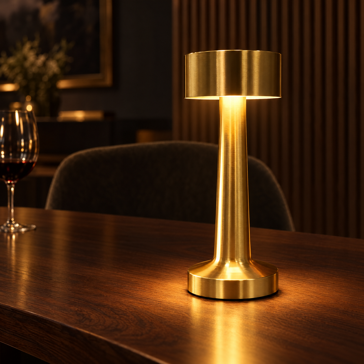 Gold cordless rechargeable table lamp glowing on a walnut dining table at night