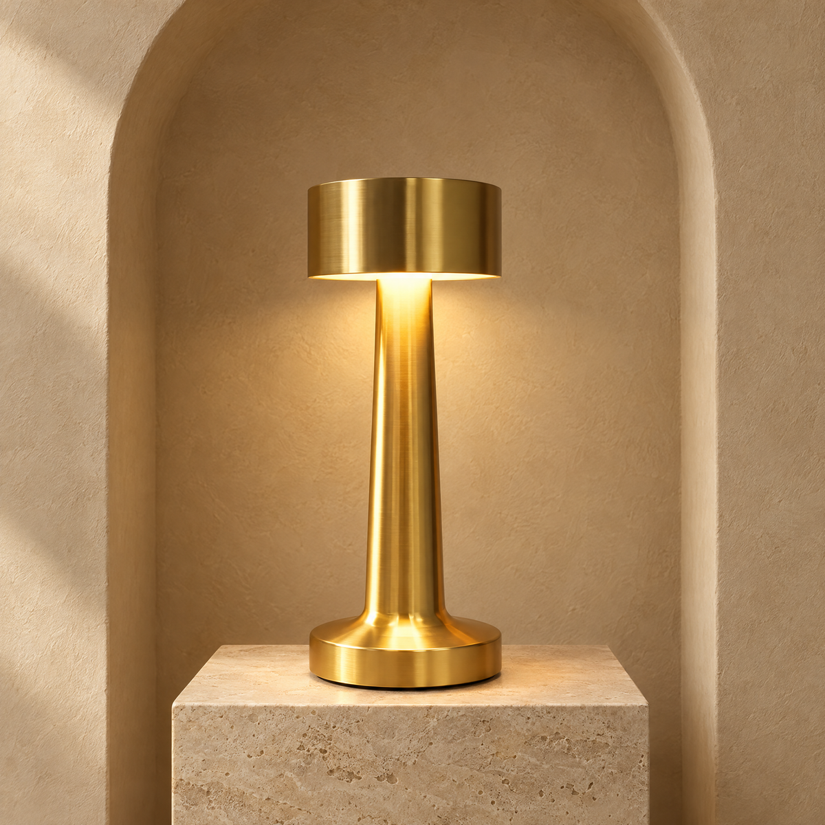 Gold metal cordless table lamp on a travertine plinth in a plaster niche