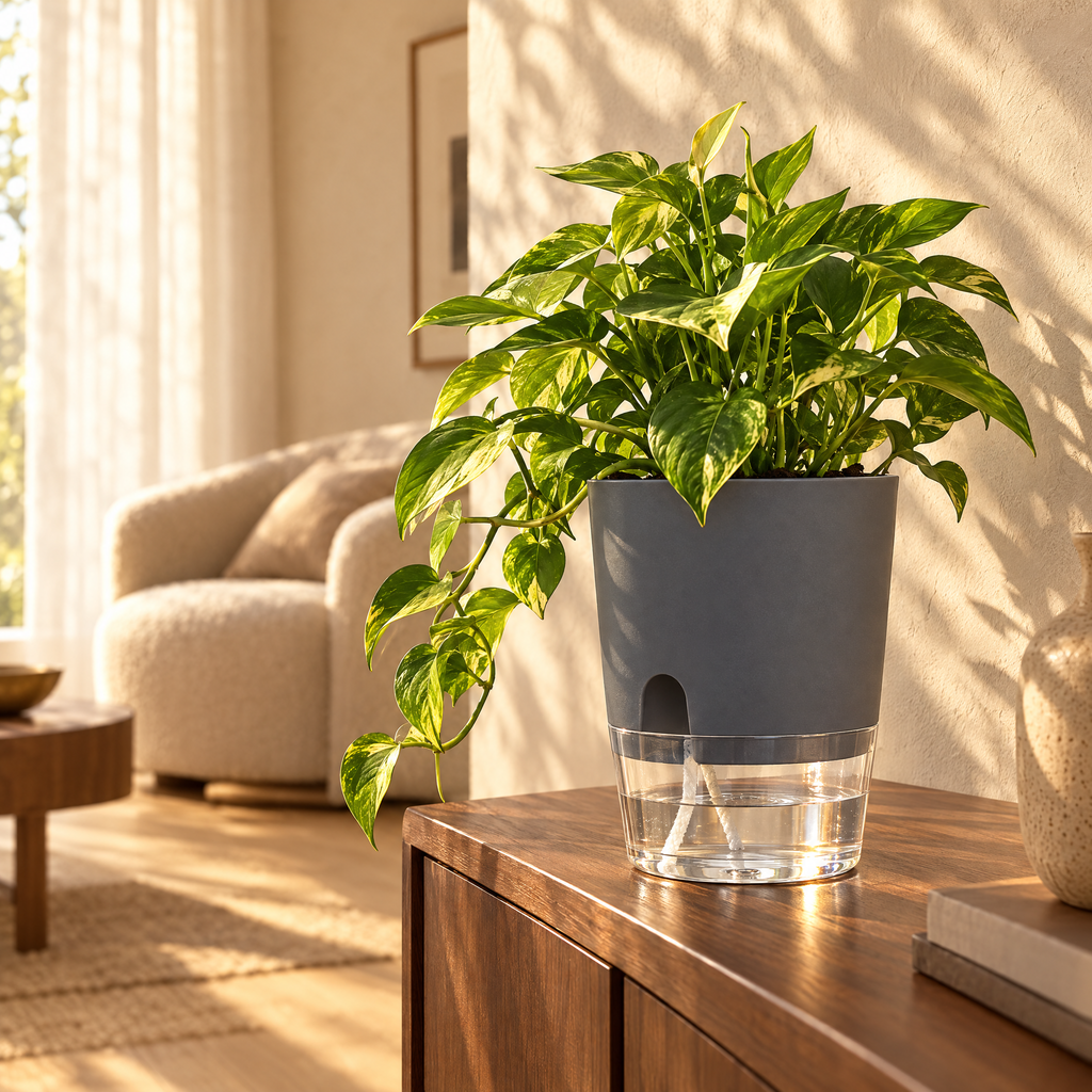 Grey self-watering plant pot with golden pothos on a walnut sideboard in afternoon sun