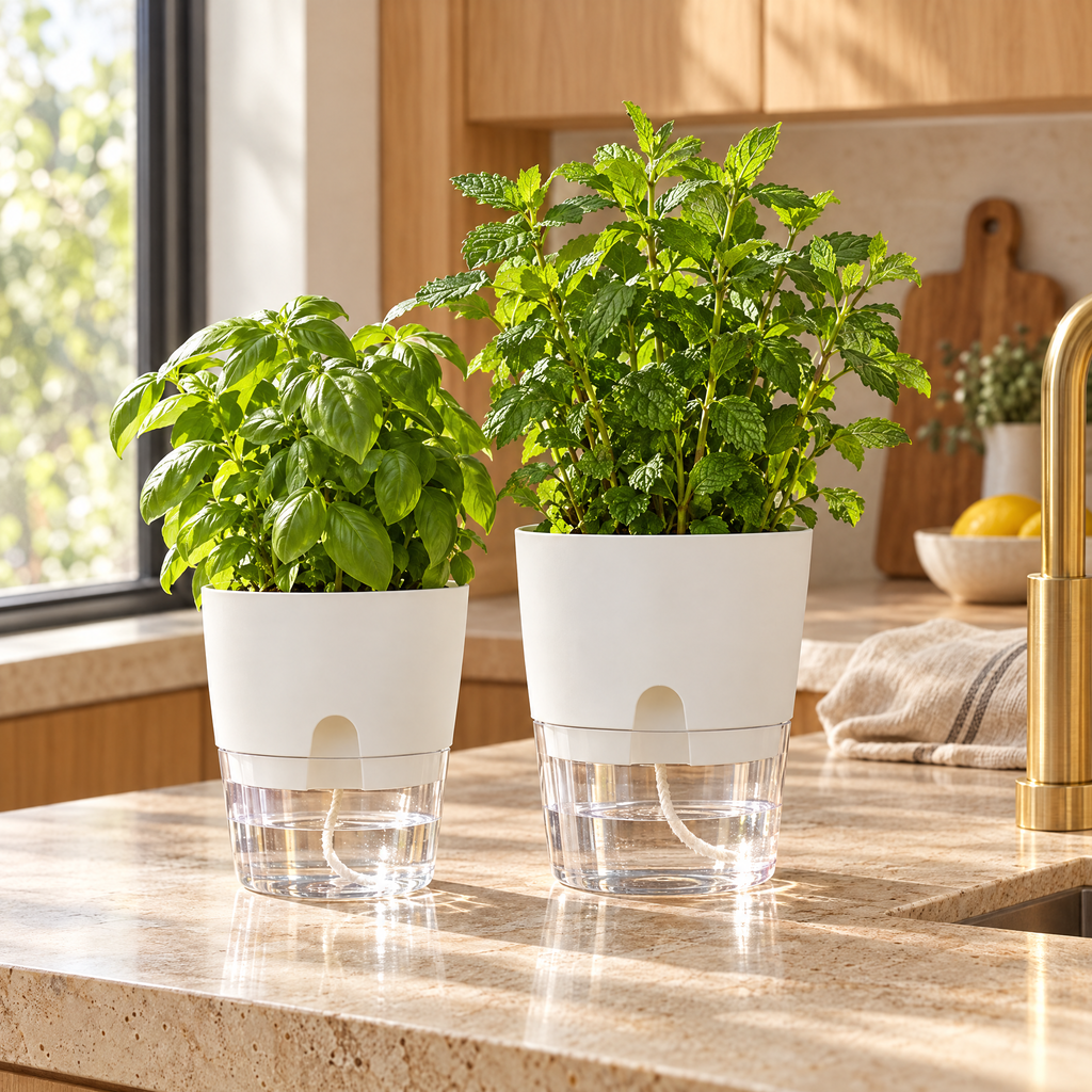 White self-watering pots with basil and mint on a travertine kitchen benchtop