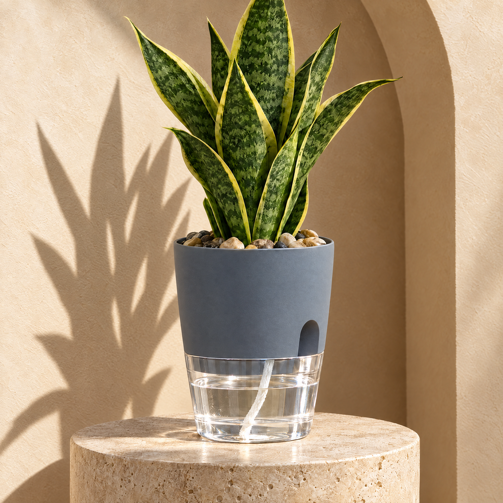 Grey self-watering pot with snake plant on a travertine plinth, clear water reservoir