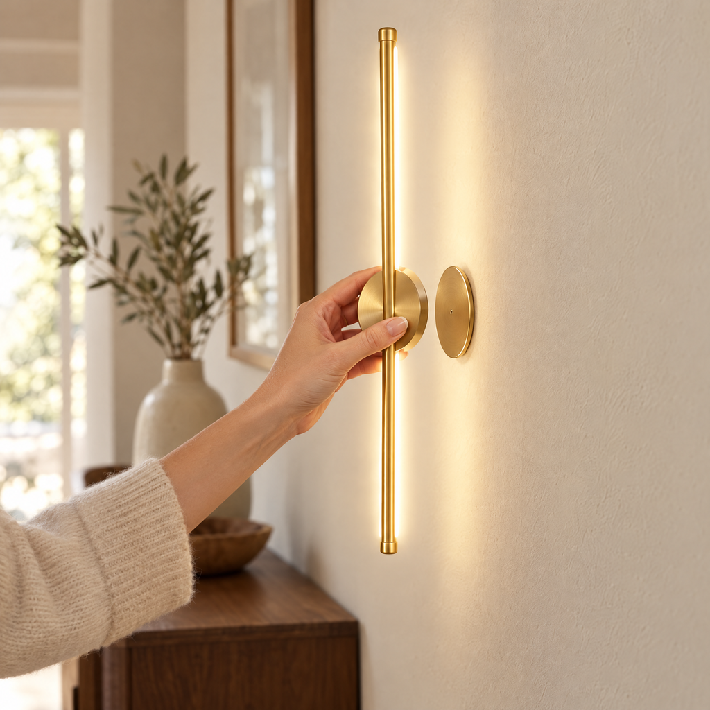 Hand placing the wall light onto its magnetic wall mount, no wiring
