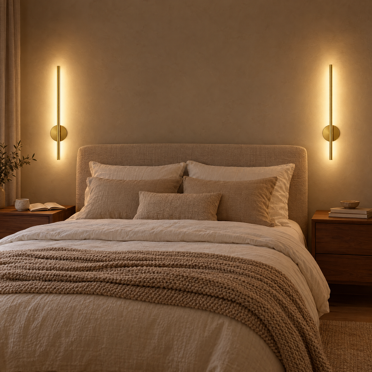 Pair of gold wall lights either side of a bed as bedside lighting