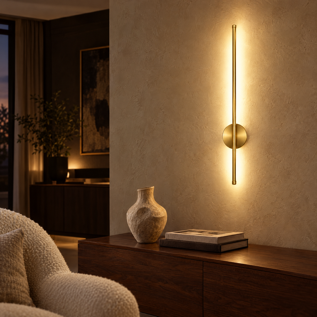 Gold magnetic wall light glowing on a plaster wall above a walnut console at dusk