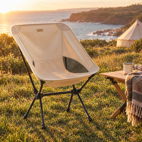 Beige folding camping chair on a coastal headland at golden hour