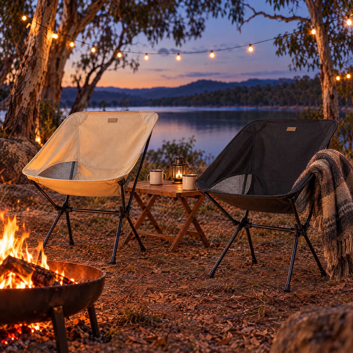 Beige and black camping chairs by a campfire at a lakeside campsite