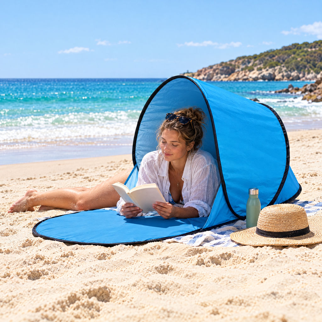 Woman reading in the shade of a blue pop-up beach shelter