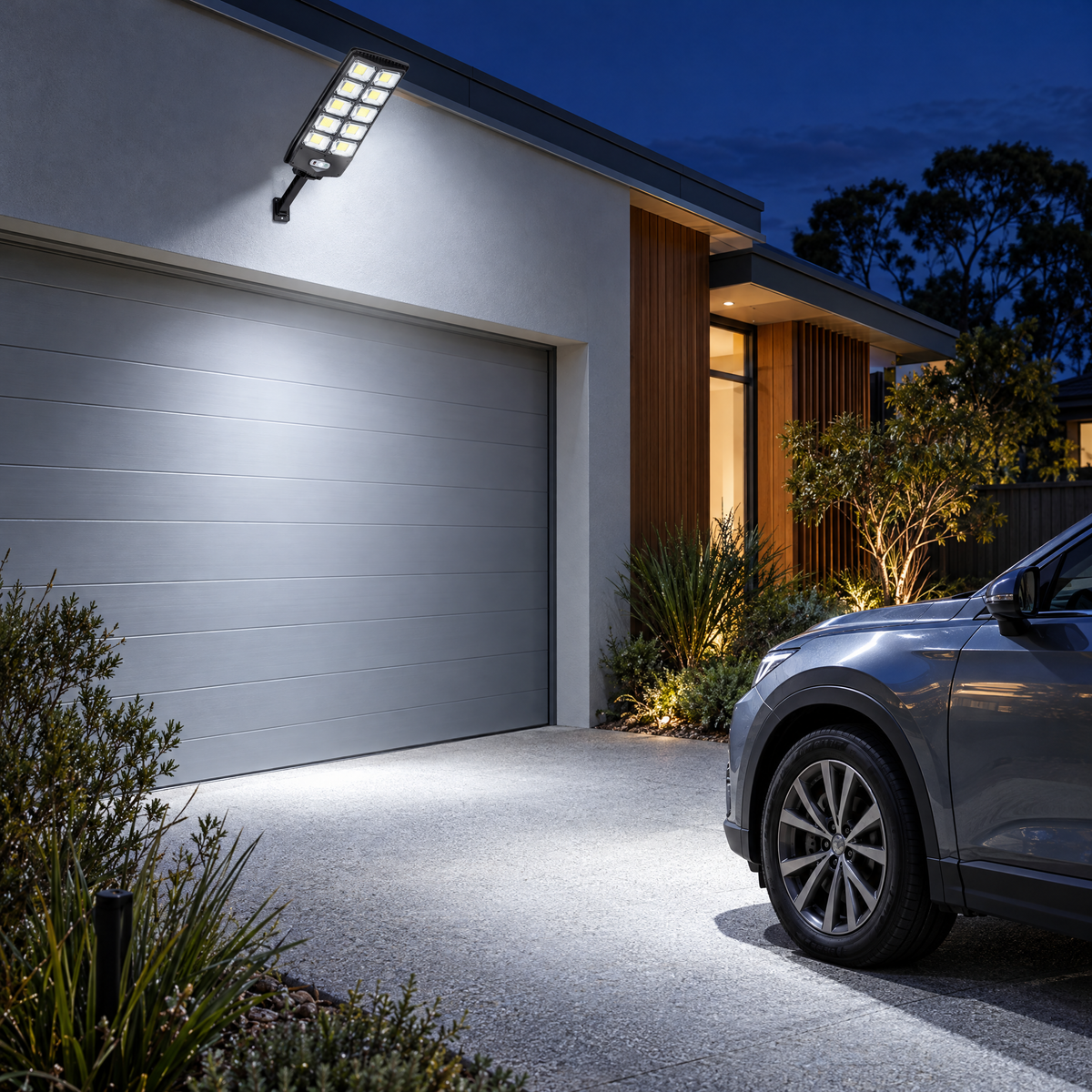 Solar flood light lighting up a driveway at night