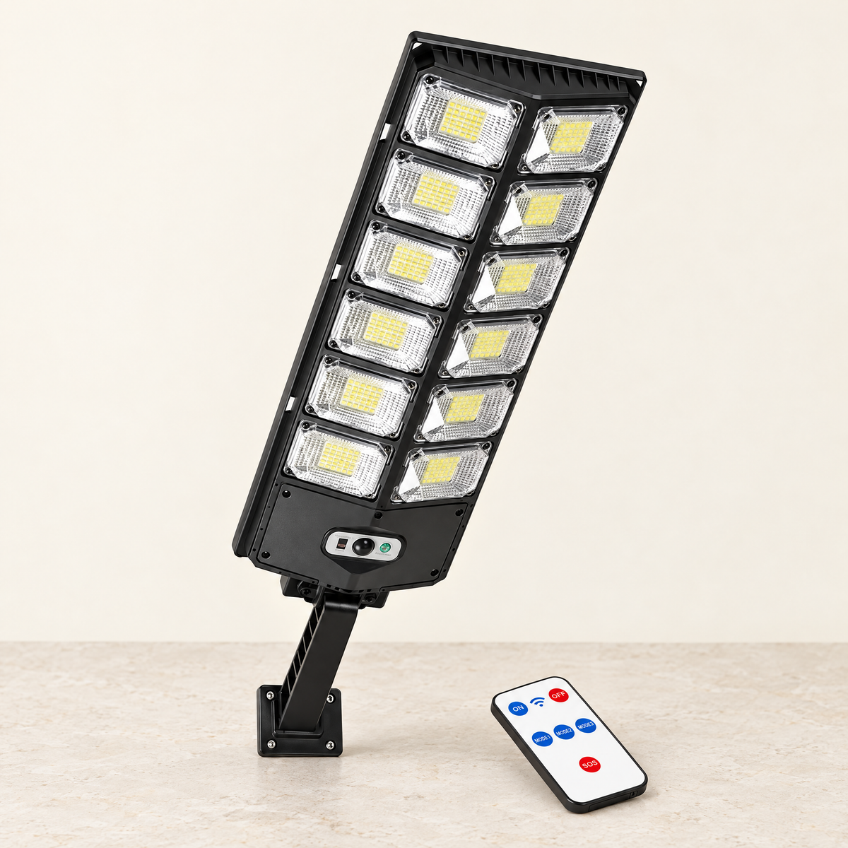 Solar flood light with mounting arm and remote control