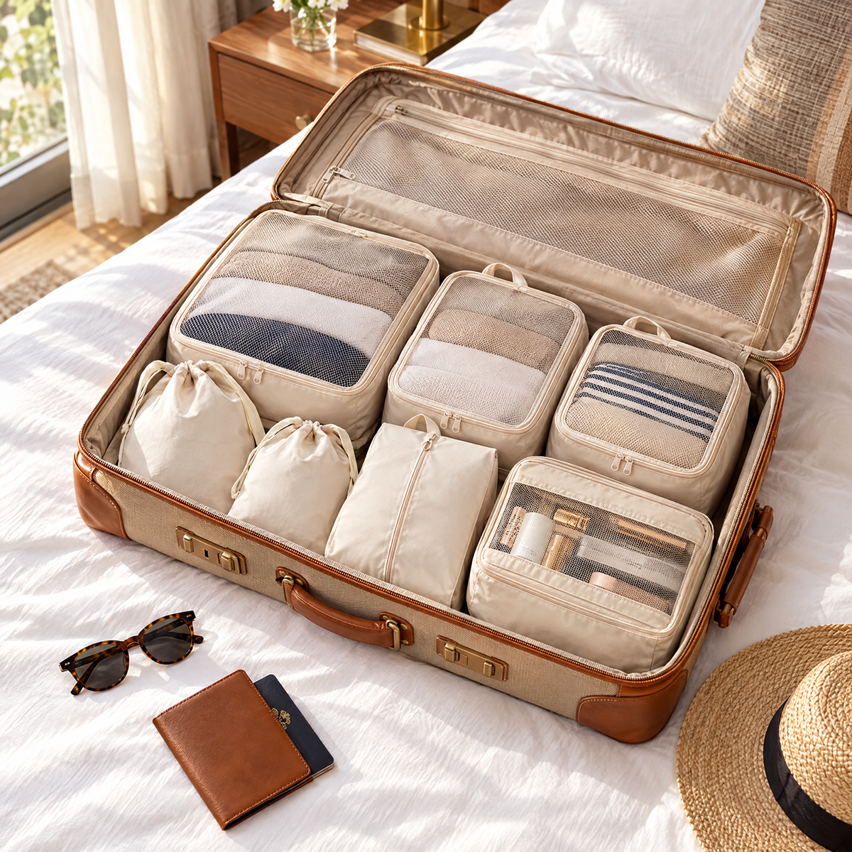 Suitcase neatly packed with cream packing cubes on a hotel bed