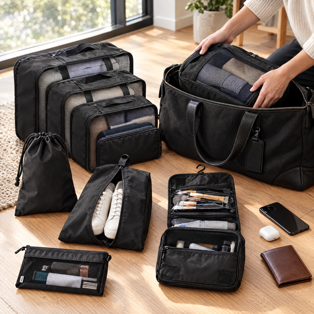Black packing cubes being packed into a weekender bag