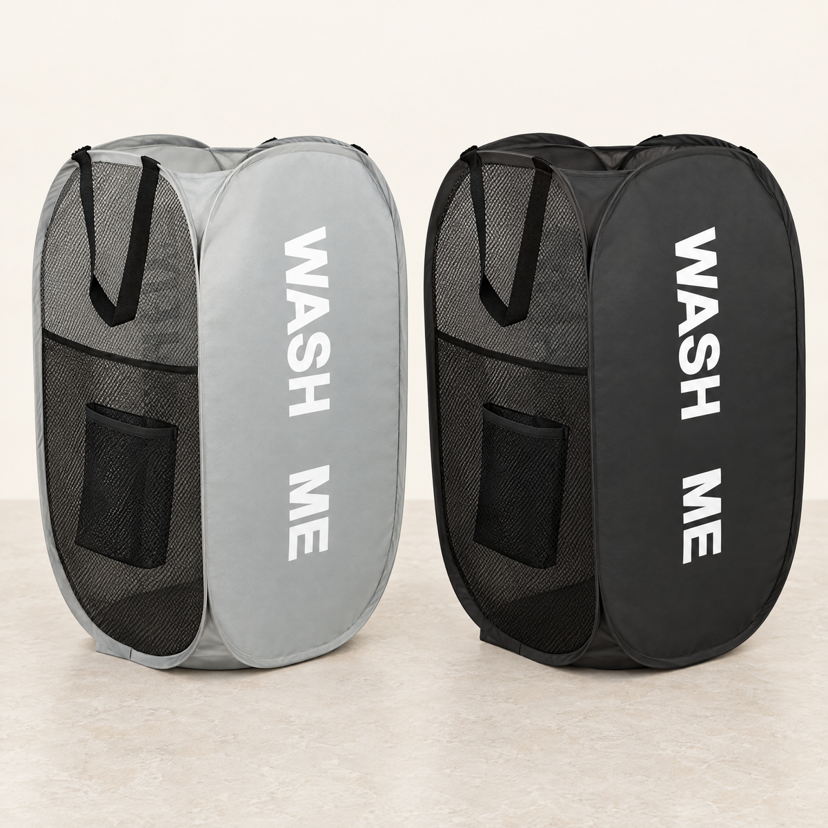 Grey and black pop-up laundry hampers