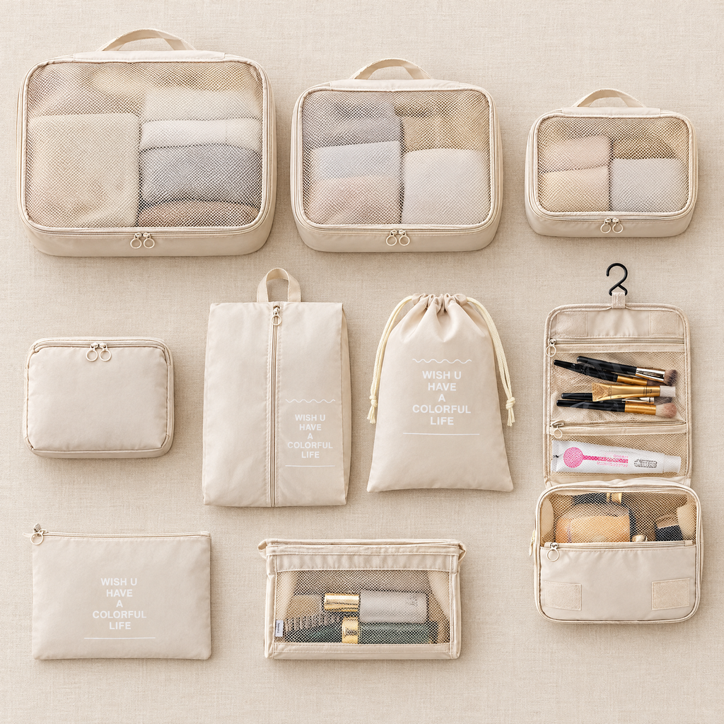 Cream packing cube set laid out flat