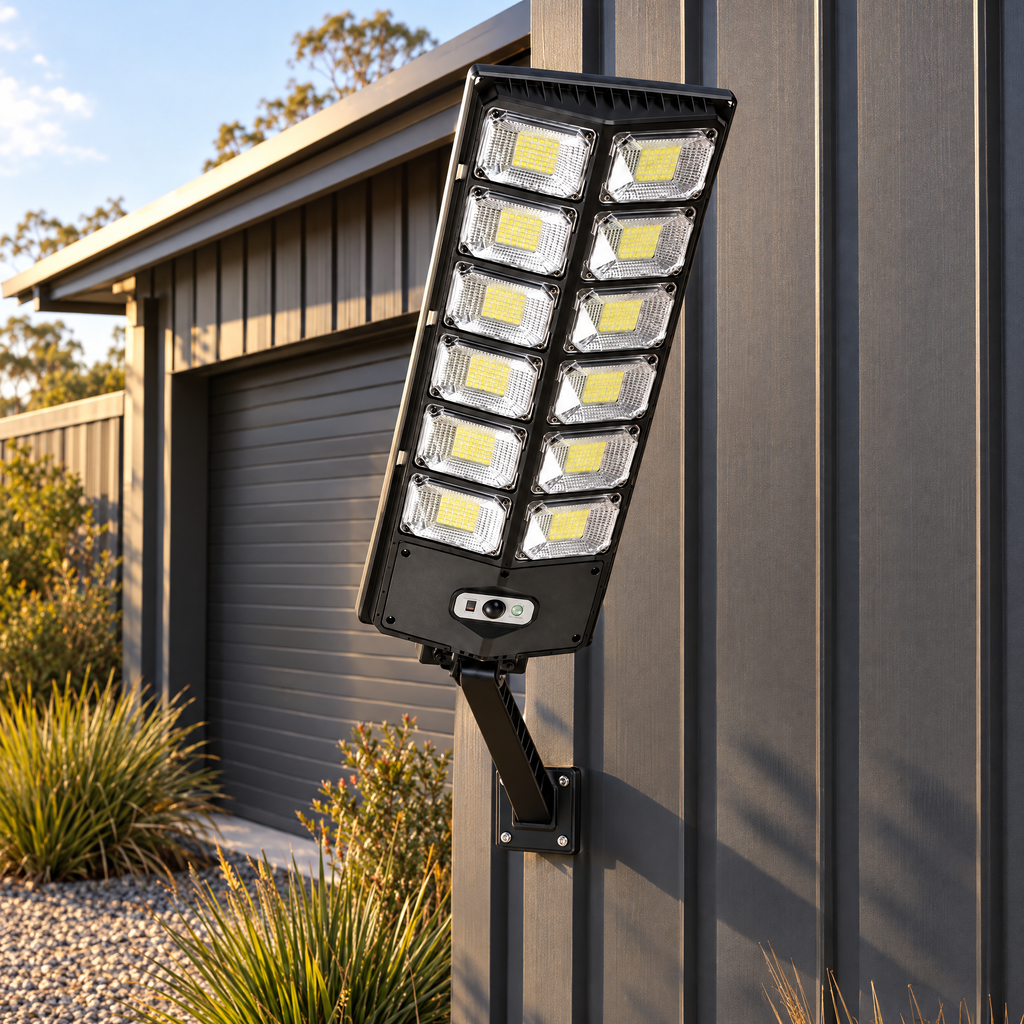 Solar flood light mounted on a charcoal garage wall