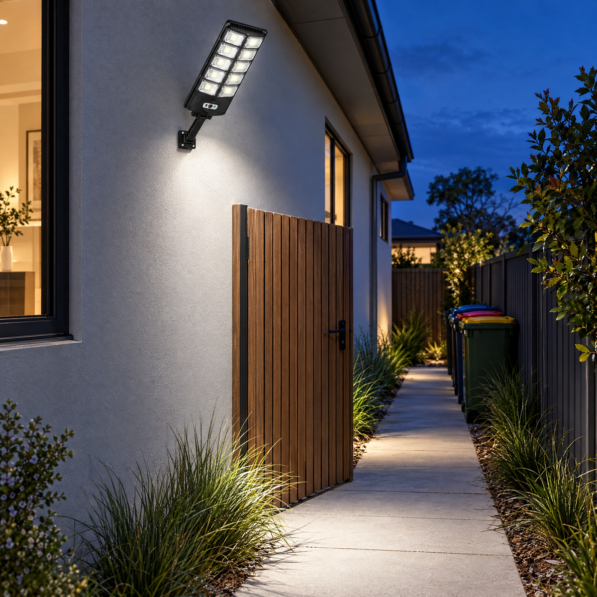 Solar flood light lighting a side path and gate at dusk